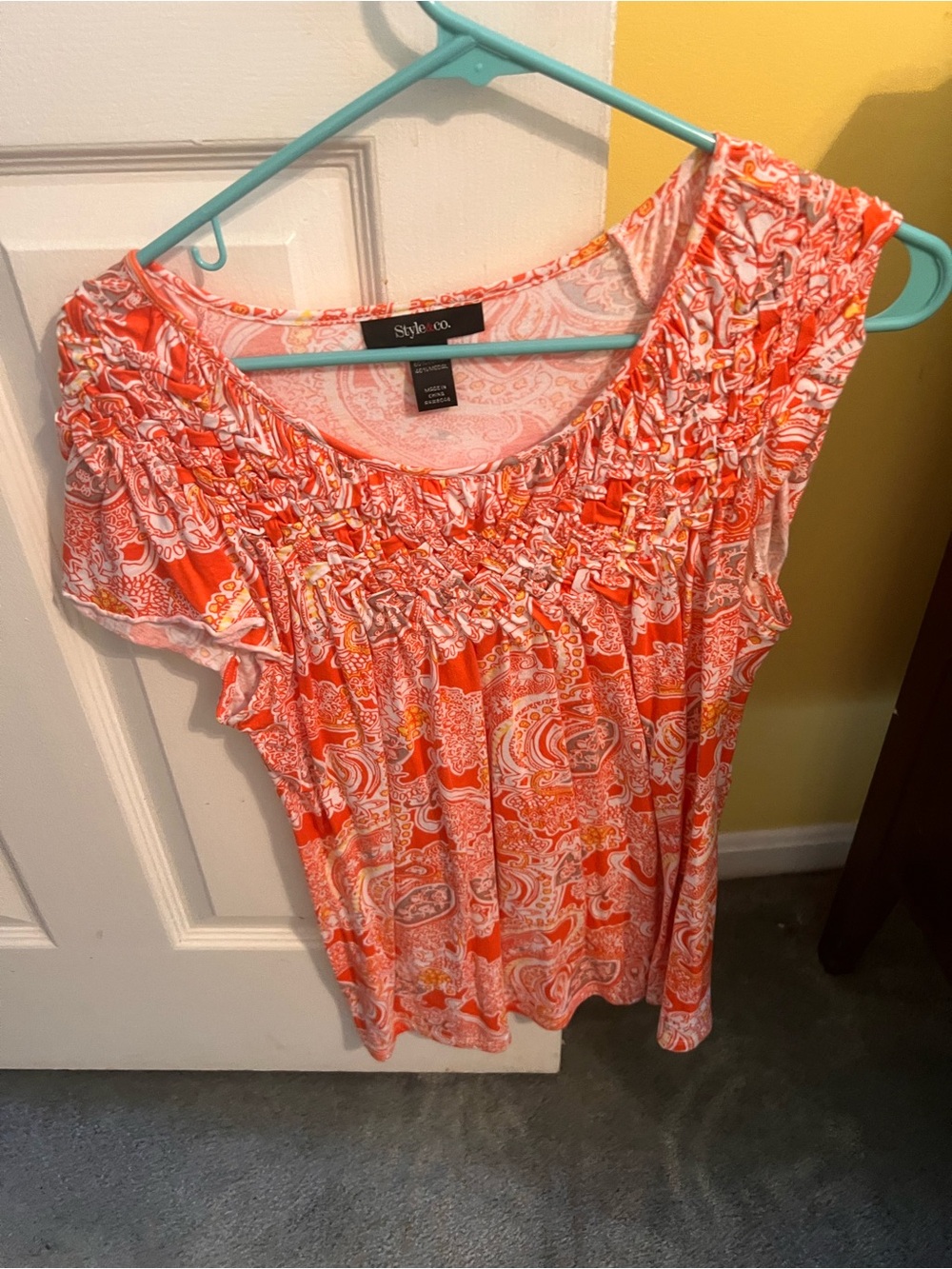 Style & Co. Orange Paisley Smocked Neck Short Sleeve Blouse